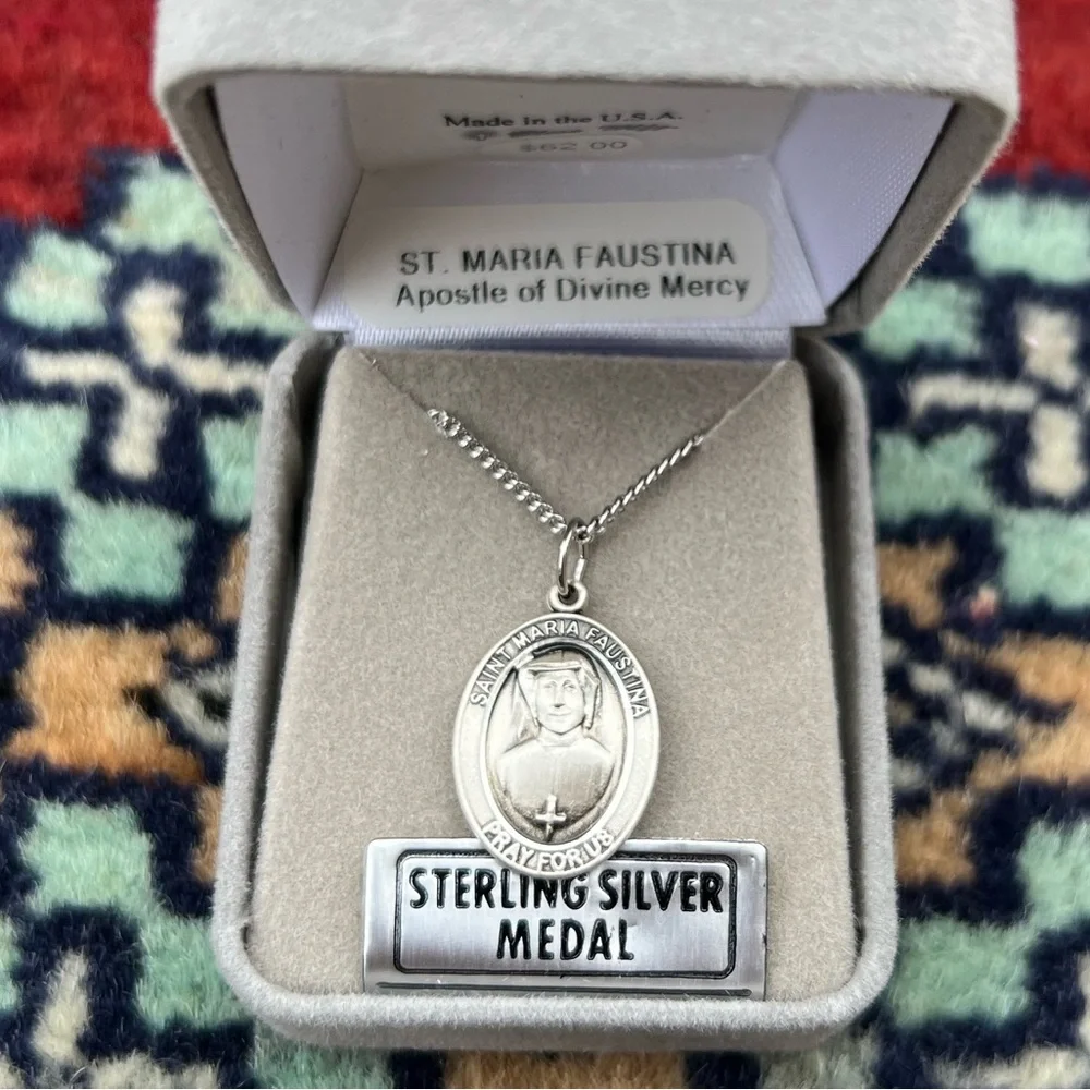 St. Maria Faustina Sterling Silver Oval Religious Medal Necklace 18” Chain